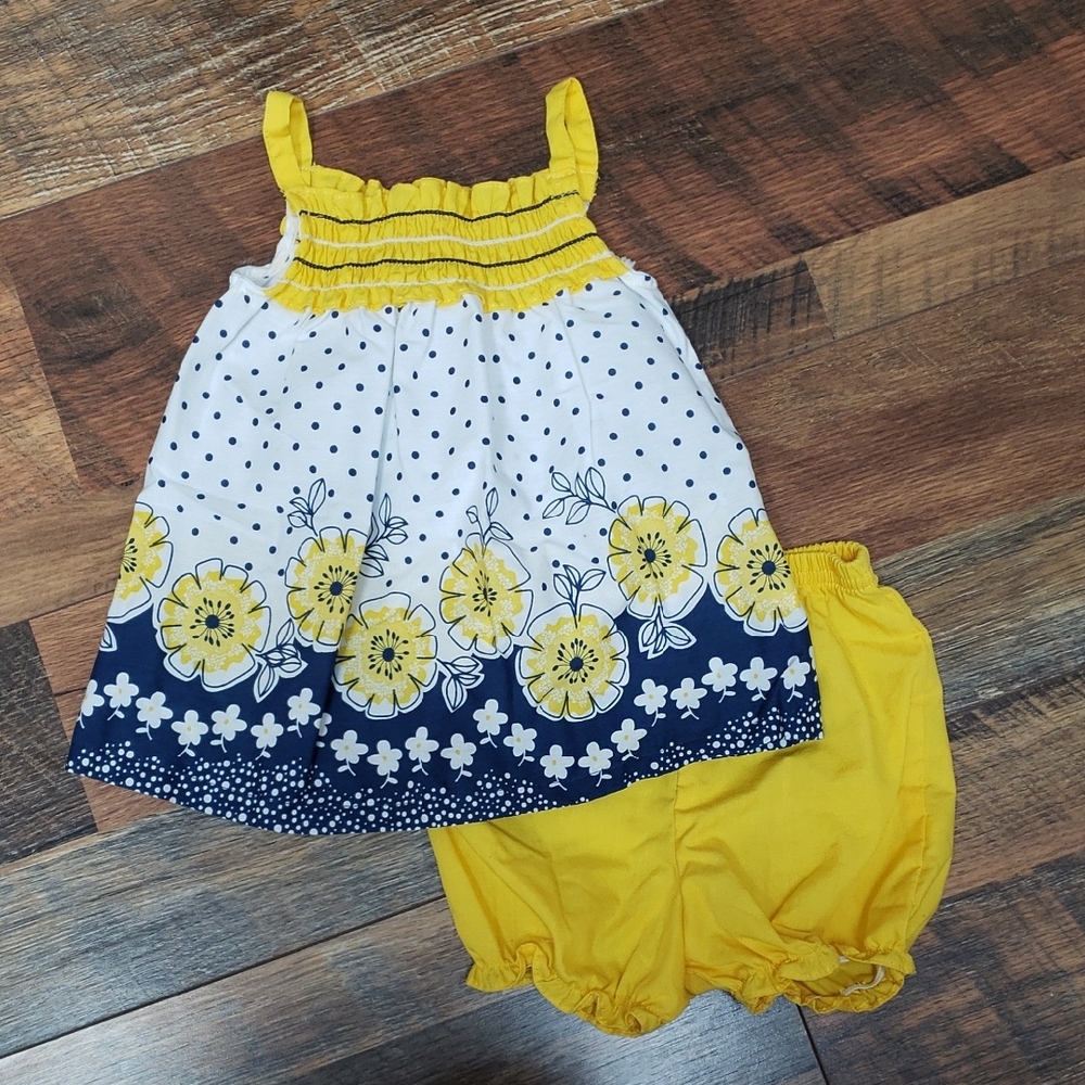 Park Bench Kids Yellow And Blue Floral Dress And Bloomer Set, Size 12 Months
